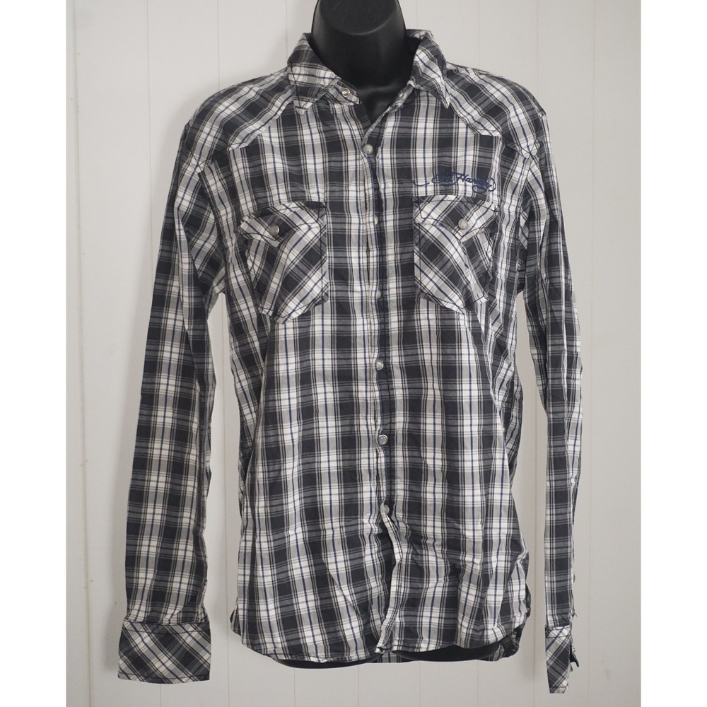 Ed Hardy Size S Black Plaid Western Snap Shirt Embroidered Logo